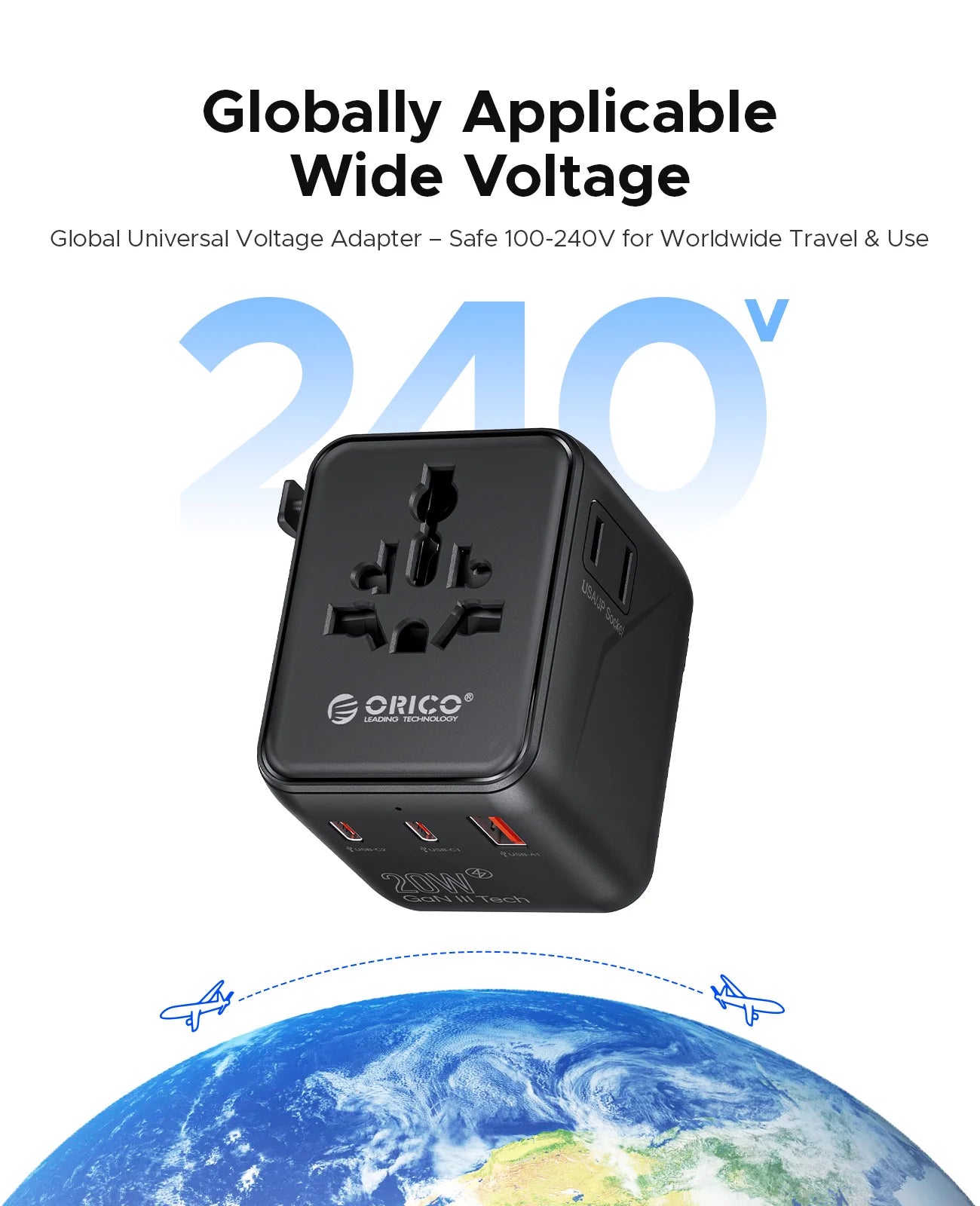 ORICO Universal Travel Adapter Worldwide All-in-One 20W GaN with AC Outlet USB A Type C Dual 10A Fuses Fast Charging EU US UK AU