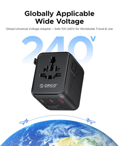 ORICO Universal Travel Adapter Worldwide All-in-One 20W GaN with AC Outlet USB A Type C Dual 10A Fuses Fast Charging EU US UK AU