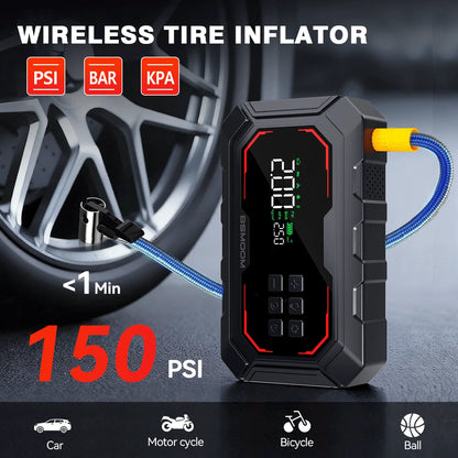 Car Jump Starter with Air Compressor Peak Auto Battery Booster 150PSI Air Pump Portable Power Bank Tire Inflator Lighting