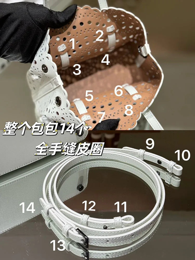 New Tote Bag French Cowhide Handmade Bag Niche Laser Engraved Hollow Leather Vegetable Basket Bag Casual Versatile Temperament
