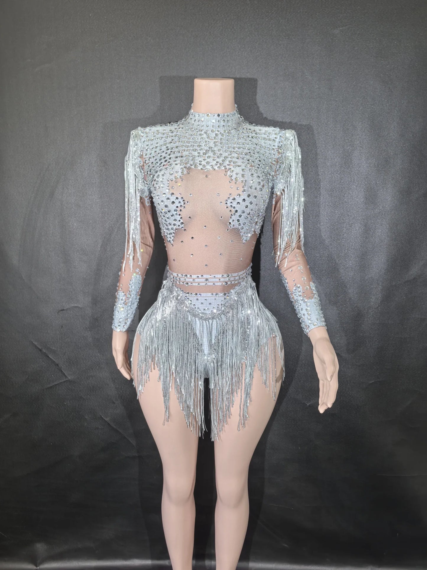 Rhinestones Women DanceCostume Fringes One Shoulder Bodysuit  Sexy Skinny Leotard Singer Dancer Show StageWear Sparkly Blue