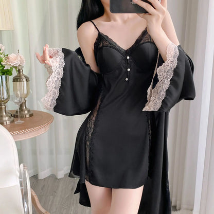 Twinset Lace Bathrobe Gown Set Women Robe Nightgown Lingerie Sleepwear Set Summer Kimono Silky Satin Nightsuits Dress Loungewear