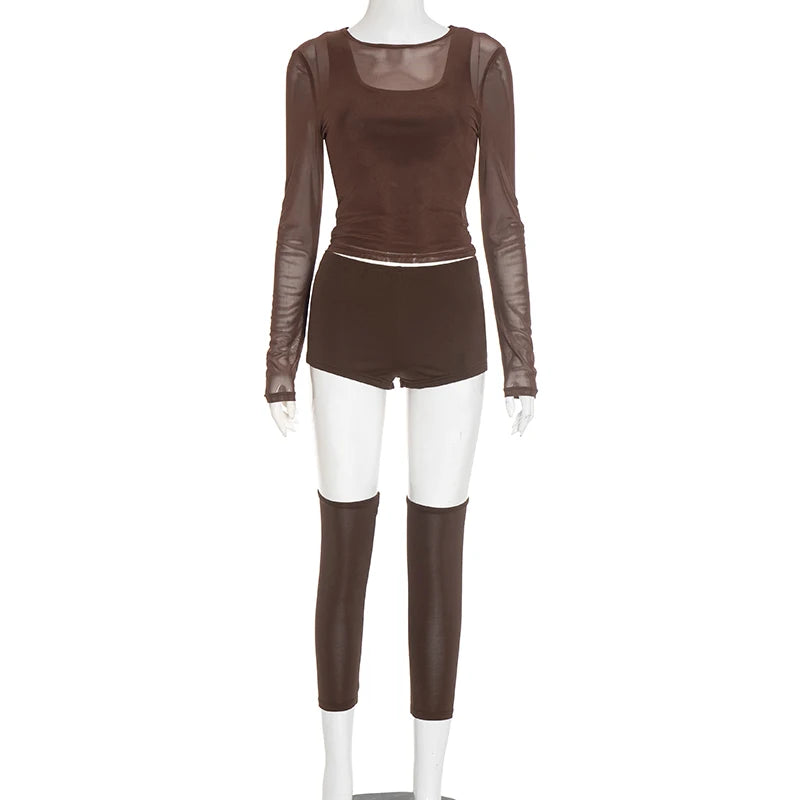 Sexy Casual 3 Piece Set Mesh Full Sleeve o-Neck Crop Tops+Shorts+Foot Cover Matching Autumn Trend Streetwear Outfits