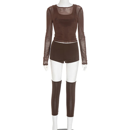 Sexy Casual 3 Piece Set Mesh Full Sleeve o-Neck Crop Tops+Shorts+Foot Cover Matching Autumn Trend Streetwear Outfits
