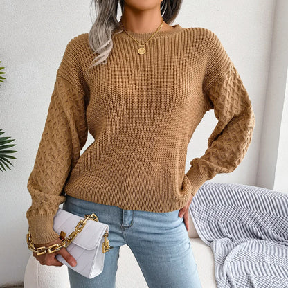 2024 Autumn Winter Casual Lantern Long Sleeved Knitted Sweater Fashion Army Green Round Neck Sweater Elegant Knitted Pullover