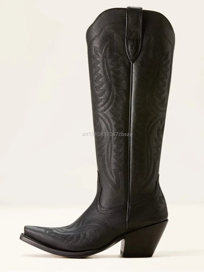Women Western Cowboy Style Boots Pointed Thick High Heels Knee Length Embroidered Boot Autumn Block Heel Retro Casual Shoes