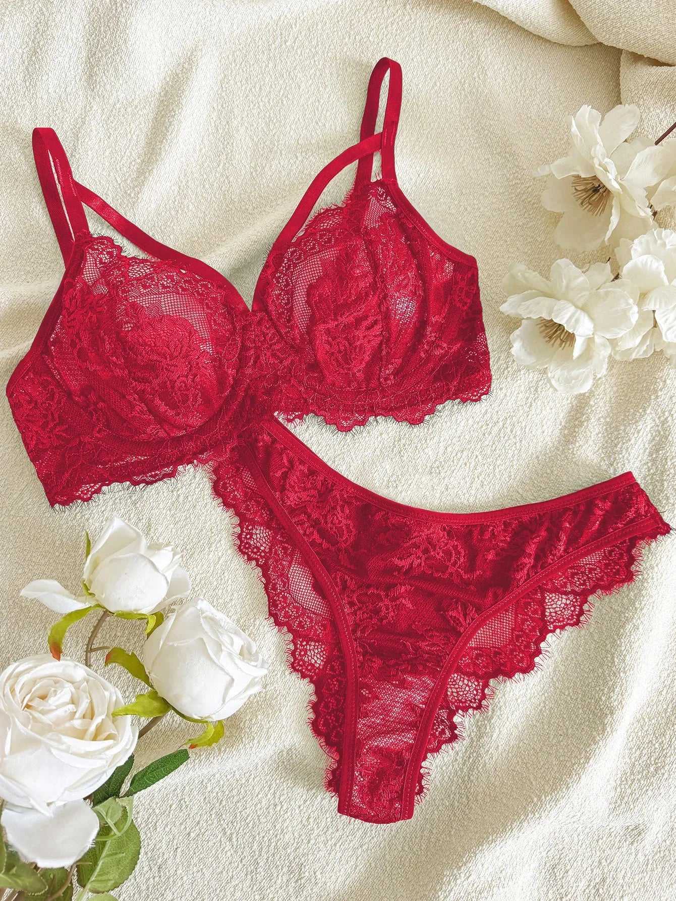 Women's Lingerie & Underwear， Eyelash Sxy Fancy Lace Strapping Underwire Bra &  Brazilian Panties ， Sexy Style