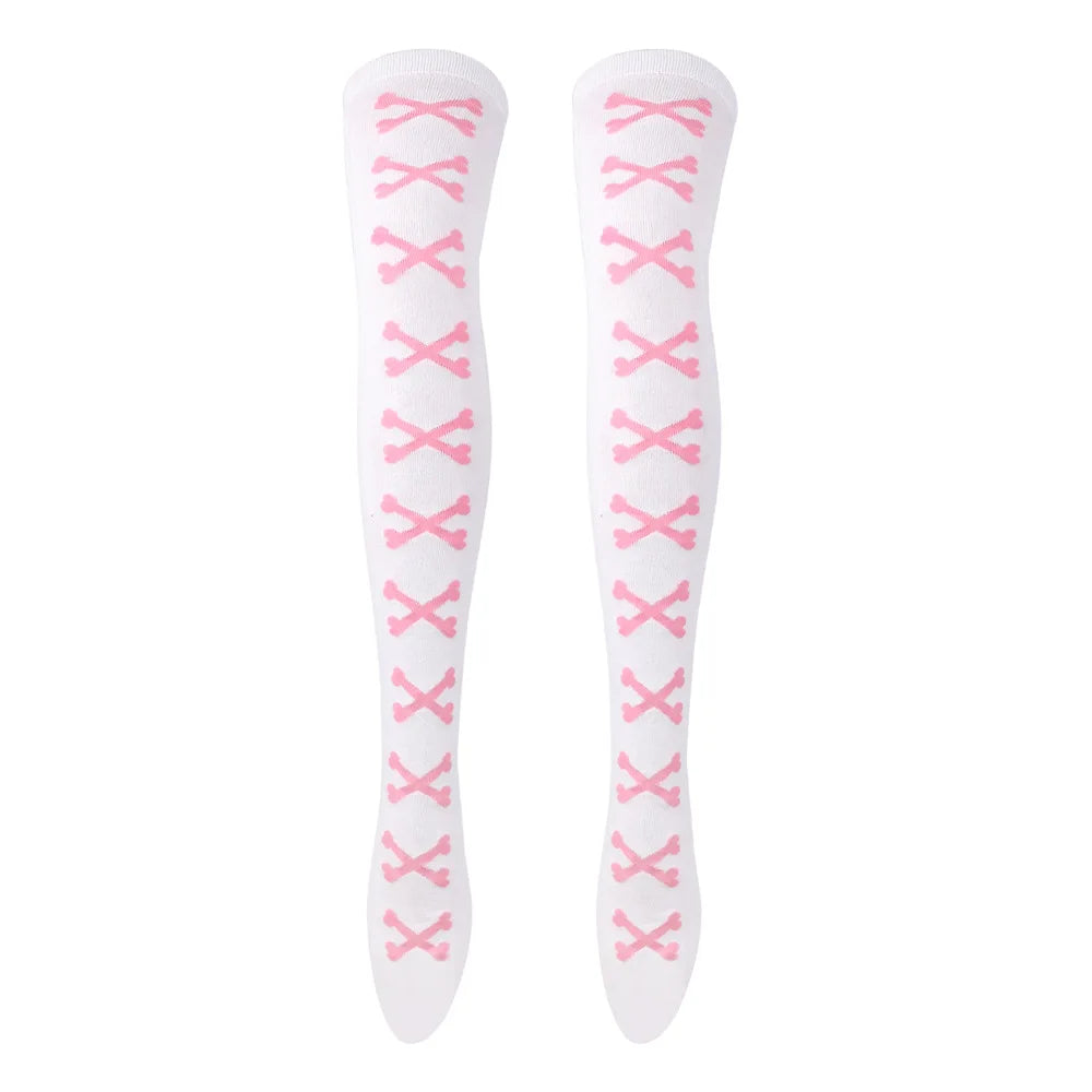 Womens Bone Thigh High Stockings Ladies Halloween Girls Black White Pink Long Over Above Knee Socks Tall Funny Cosplay Harajuku