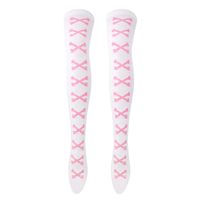 Womens Bone Thigh High Stockings Ladies Halloween Girls Black White Pink Long Over Above Knee Socks Tall Funny Cosplay Harajuku