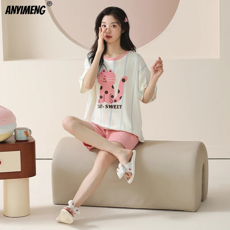 100% Pure Cotton Women Pajamas Summer Cartoon Print Pijamas Girls Nightwear Homewear Short Sleeve Sleepwear O-neck Loungewear