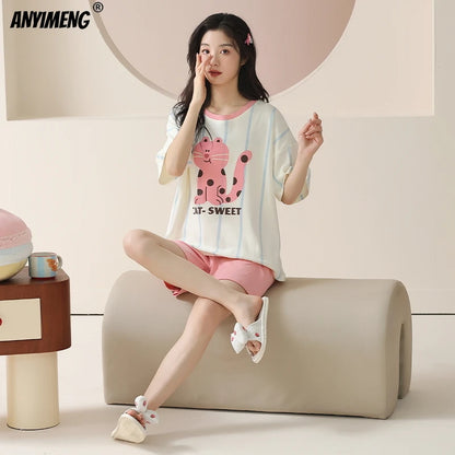 100% Pure Cotton Women Pajamas Summer Cartoon Print Pijamas Girls Nightwear Homewear Short Sleeve Sleepwear O-neck Loungewear