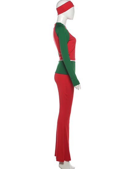 Nibber Christmas Party 2Piece Set Woman Contrast Patchwork o-Neck Full Sleeve Crop Tops+High Waist Long Pant Casual Fashion Suit