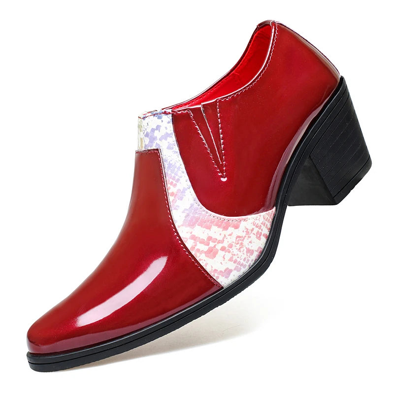 Black Pu Leather Business Dress High Heel Men's Shoes Pointed Toe Slip-on Elegant Party Wedding Shoes Thick Bottom Plus Size