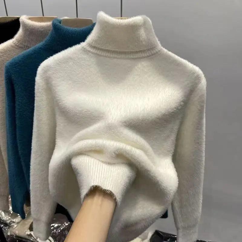Women's Turtleneck Sweater Faux Mink Top for Women Solid Plush Thickened Warm Bottoming Shirts Basic Knitwear Thermal Pullovers