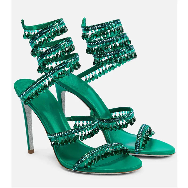 Crystal Wrap Sandals Women Summer 2025 Wedding Shoes High Heel Party Shoes Ankle Strappy Sandals Designer Stiletto Heel Shoes