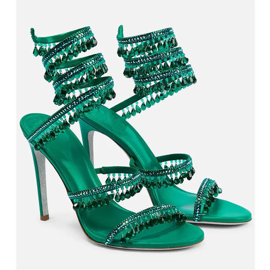 Crystal Wrap Sandals Women Summer 2025 Wedding Shoes High Heel Party Shoes Ankle Strappy Sandals Designer Stiletto Heel Shoes
