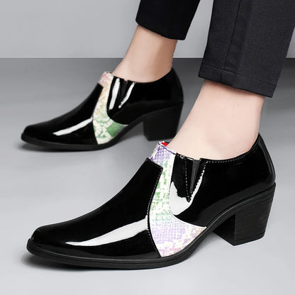Black Pu Leather Business Dress High Heel Men's Shoes Pointed Toe Slip-on Elegant Party Wedding Shoes Thick Bottom Plus Size
