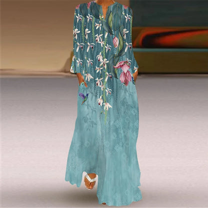 2024 European and American Cross border Women's New Dress V-neck Long sleeved Sexy Printed Large Pocket Foreign Trade Dress