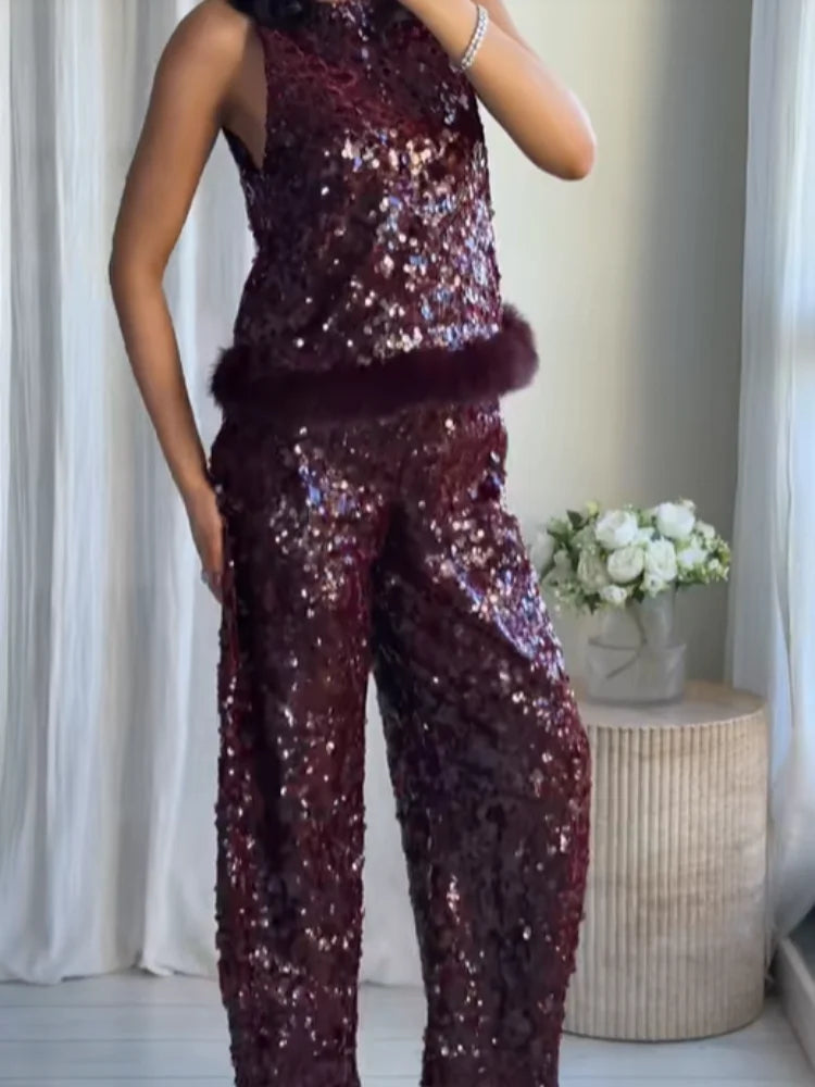 Chic Sequin Sleeveless Top Pants Set Women Faux Fur Patchwork Tops High Waist Straight Trousers Sets Lady Party Street Outfits