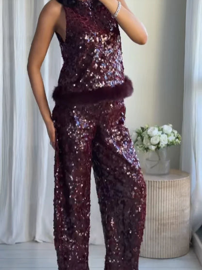 Chic Sequin Sleeveless Top Pants Set Women Faux Fur Patchwork Tops High Waist Straight Trousers Sets Lady Party Street Outfits