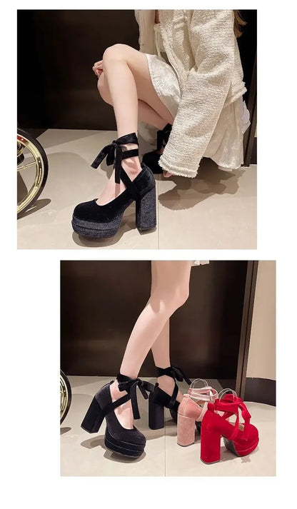 Platform Mary Janes Shoes Women Suede Luxury High Heel Lace Up Trend Lolita Shoes Elegant Chunky Party Pumps Zapatos De Mujer