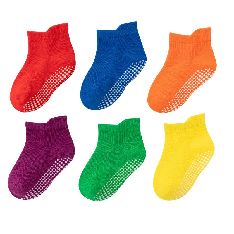 6 Pairs/lot 0 to 6 Yrs Cotton Children's Anti-slip Boat Socks For Boys Girl Low Cut Floor Kid Sock With Rubber Grips Four Season