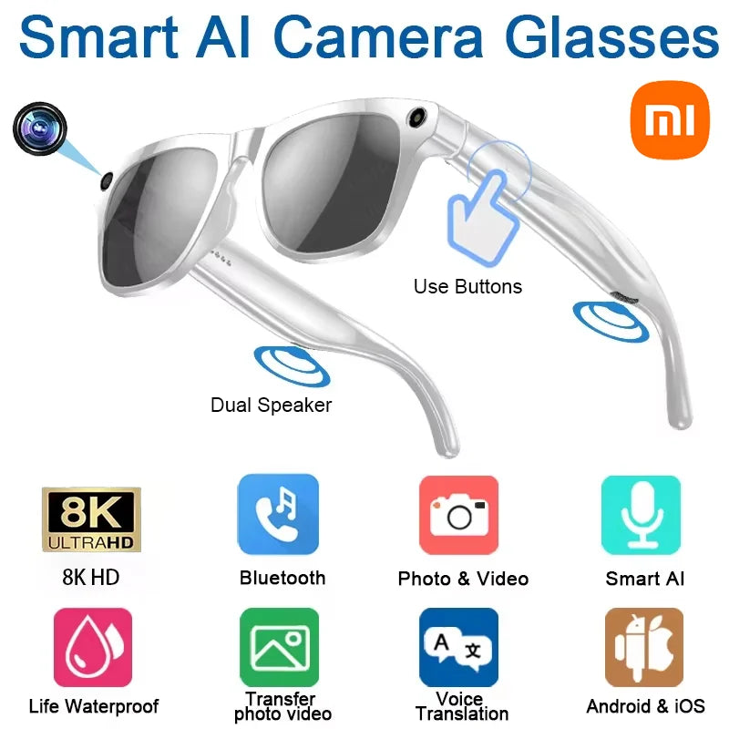 Xiaomi 8K AI Smart Glasses Multifunctional Camera Bluetooth Call Voice Assistant Music Player Translate Photochromic HD Glasses