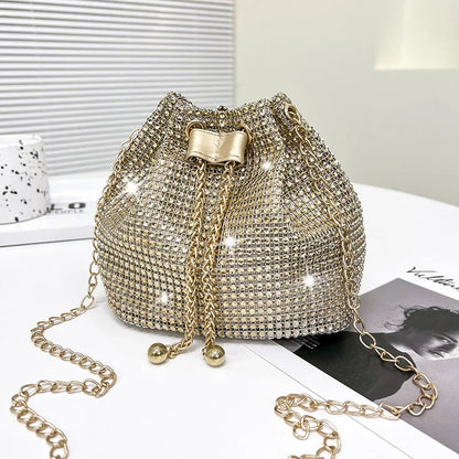 Sparkling Rhinestone Embellished Drawstring Crossbody Bag for Women Multi-Functional Bucket Purse with Detachable Chain Strap