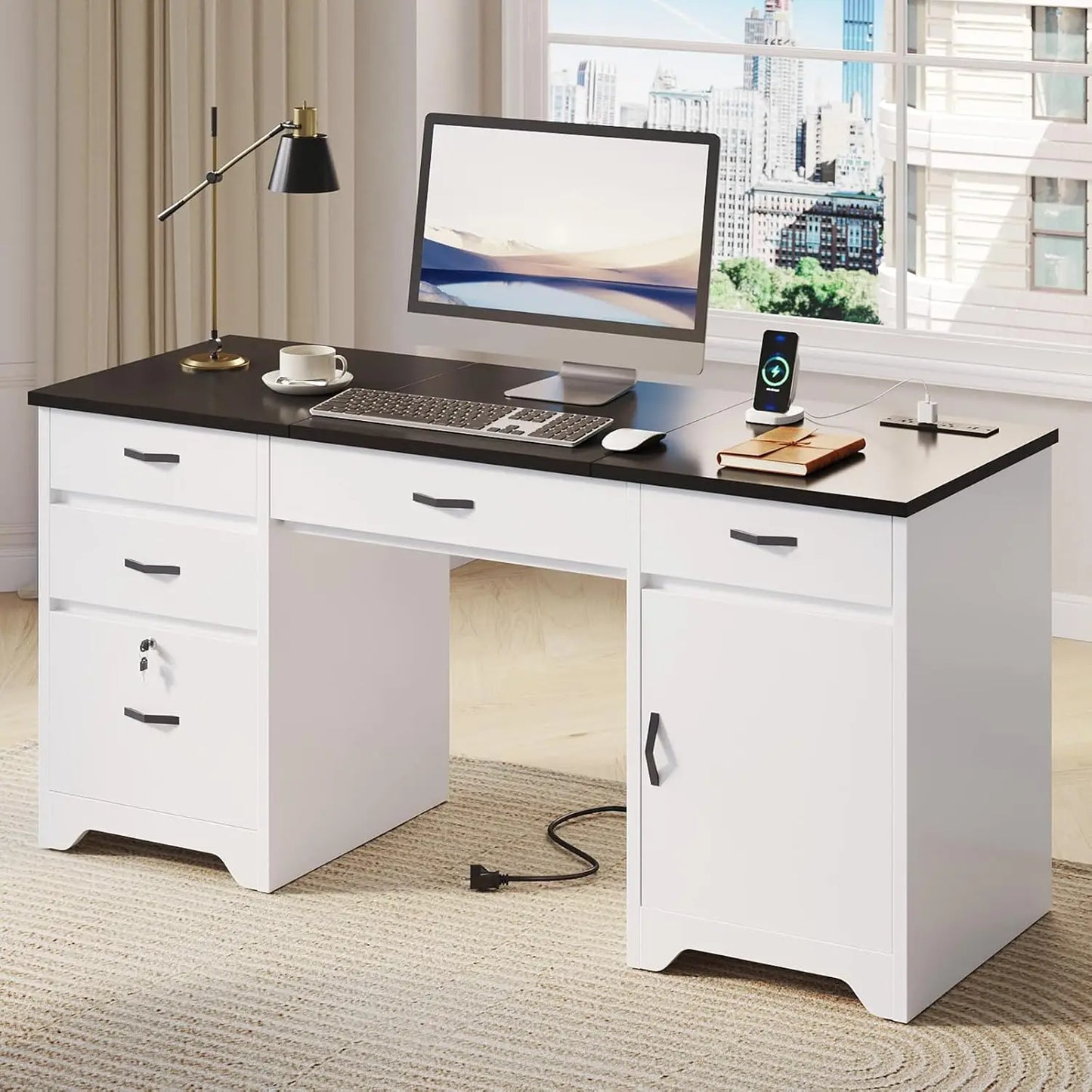 59” Office Desk with Lockable Drawers, Modern Computer Desk with File Drawer, Charging Station & Drop-Front, Customized