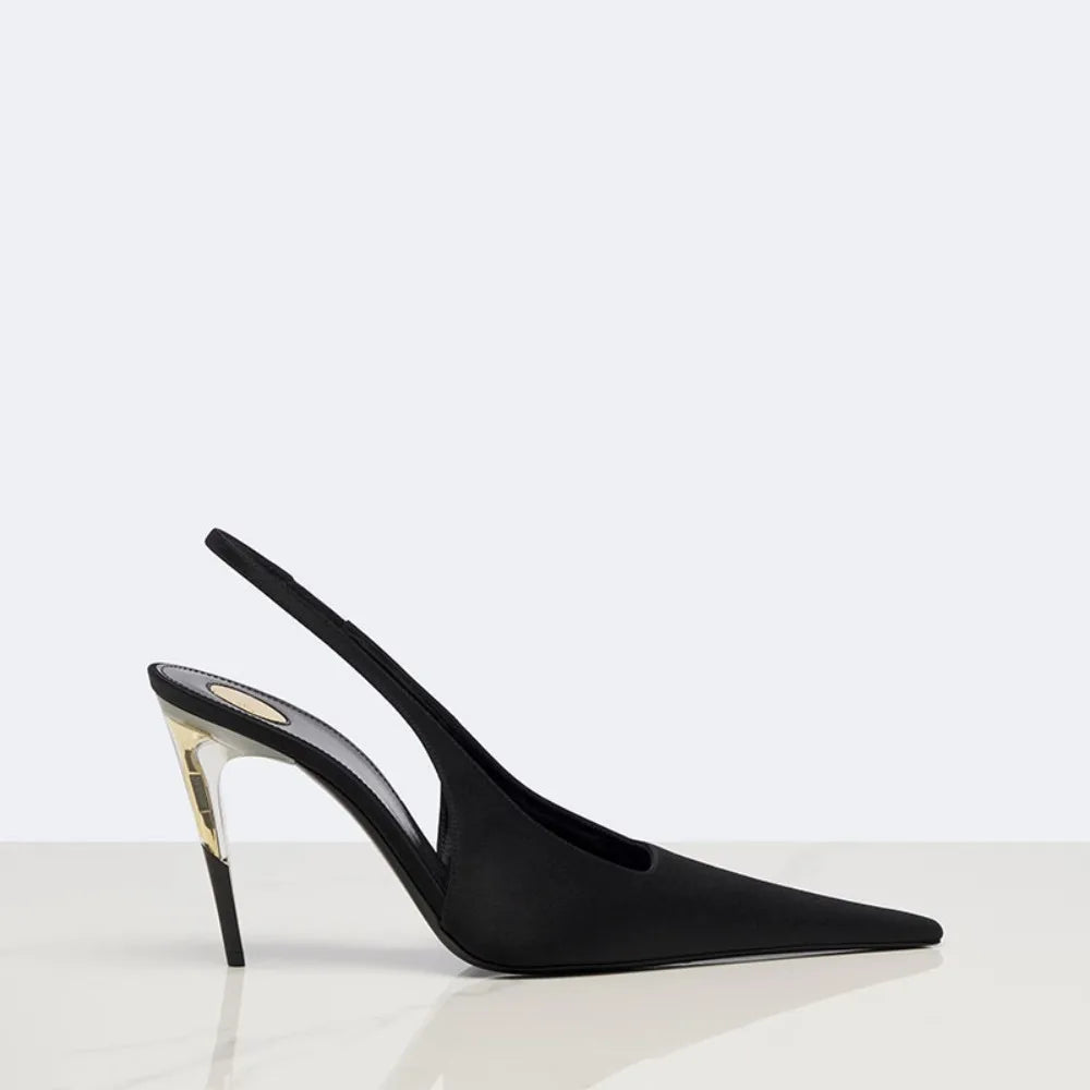 Women Satin Pointed‑Toe Stiletto Pumps with Clear Heel, Elegant Back Strap Dress Heels for Formal Dating Club Occasions