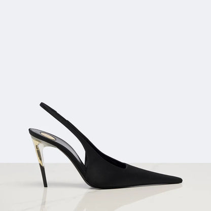 Women Satin Pointed‑Toe Stiletto Pumps with Clear Heel, Elegant Back Strap Dress Heels for Formal Dating Club Occasions