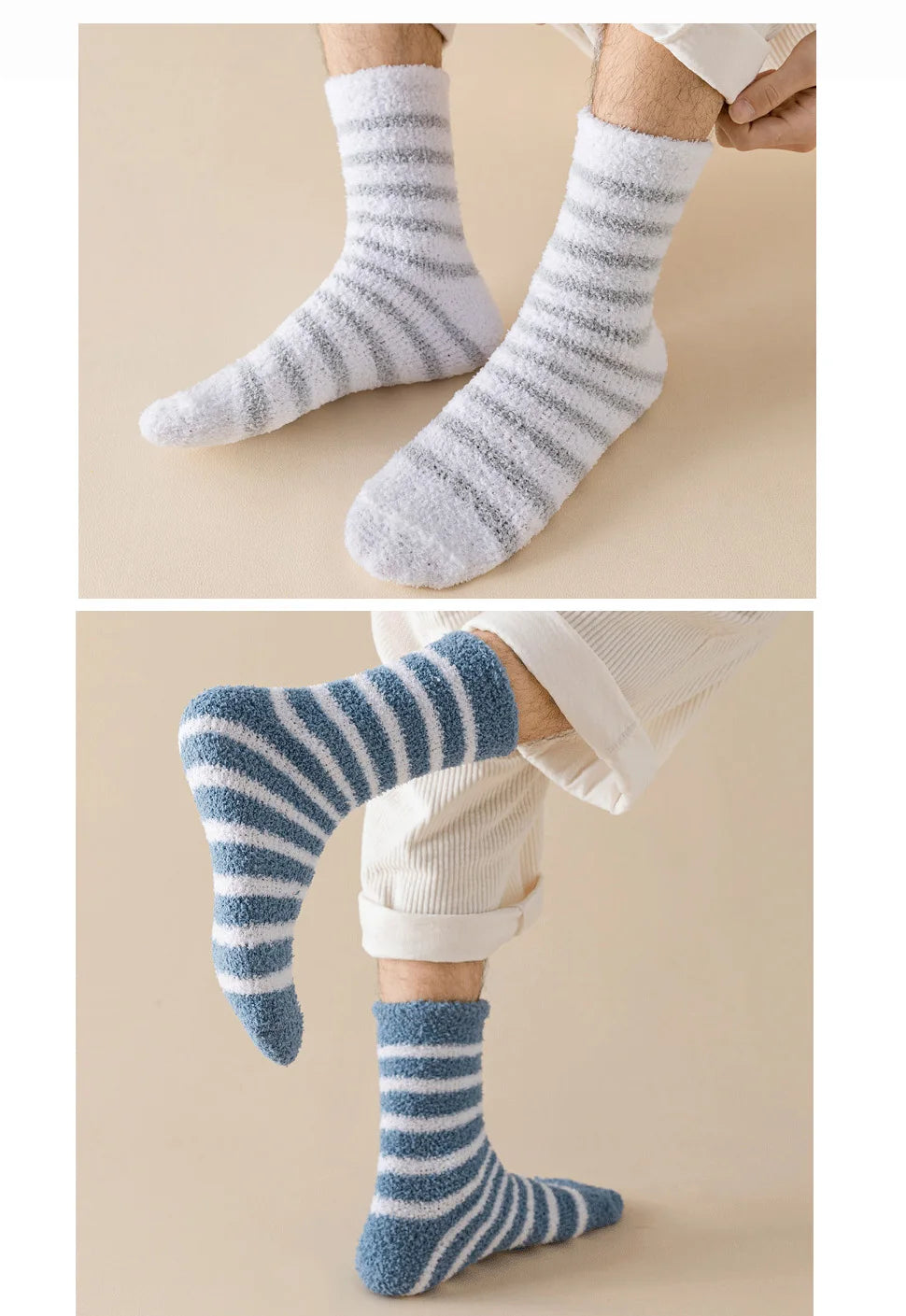 5 Pairs Thick Mens Thermal Socks Winter Warm Striped Coral Fleece Fluffy Solid Color Sleep Male Bed Socks Calcetines Hot Sell