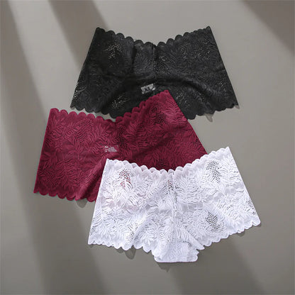 FINETOO 4pcs Lace Floral Boyshorts Underwear for Women Sexy Hollow Out Solid Panties Female Low-Waist Breathable Girls Lingerie