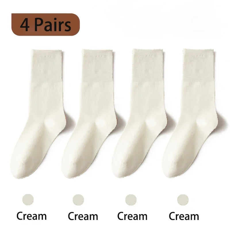 4 Pairs Women Socks Loose Socks Autumn Winter Japanese Style Ins Boneless Flat Seam Comfortable Mid Tube Cotton Socks Harajuku