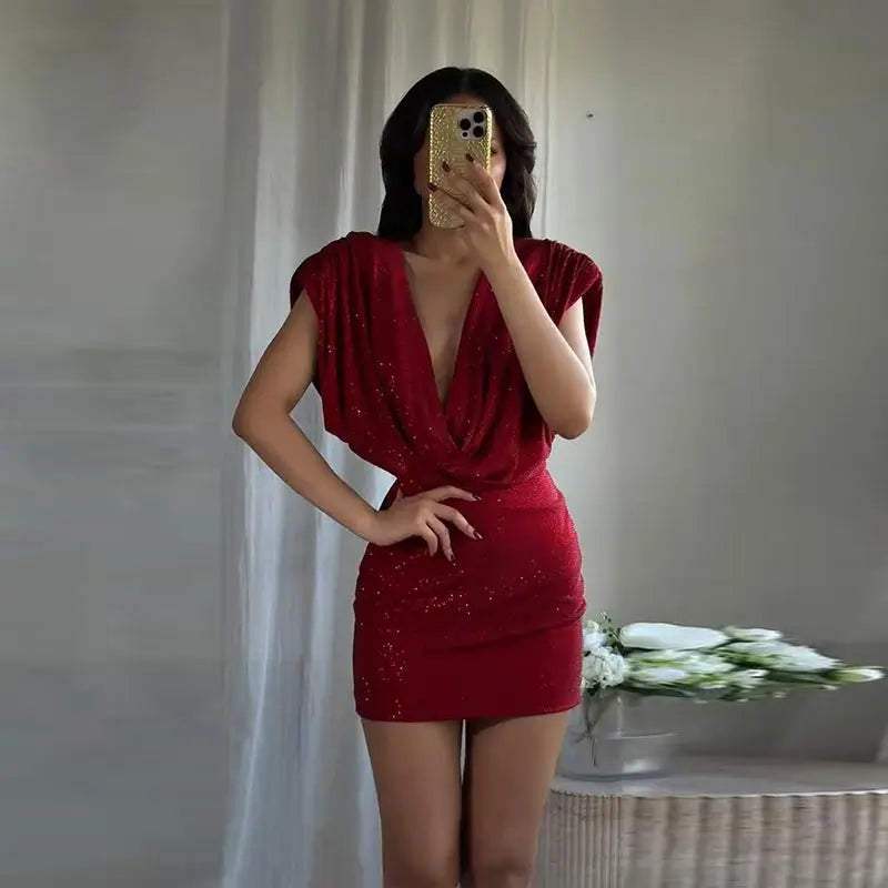 Sexy Sequined Short Dress Women V Neck Pleated Waist-cinched Empire Hip Package Dresses 2026 Spring Chic Party Evening Robe Lady
