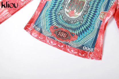 Kliou Mesh Dollar Print Classic T-Shirt Women Casual Aesthetic O-neck Long Sleeve Skinny Tops Hipster Female Gorgeous Attirewear