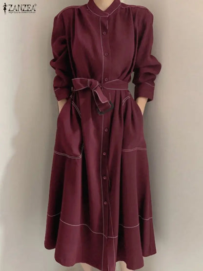 ZANZEA Fashion Long Shirt Dresses Women Elegant Streetwear Office Lady Midi Vestidos Belted Casual Autumn Long Sleeve Party Robe