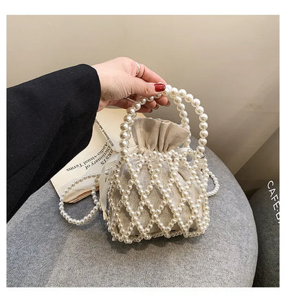 Women Pearl Bag Small Mini Tote Bucket Bag Woven Crossbody Hand Bags for Women Coin Purse Wallet Handbag Ladies Shoulder Bags