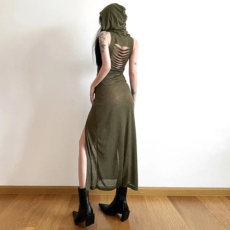 Cyber Gothic Desert Walker Hooded Dresses Y2k Punk Grunge Hollow Out Midi Dress Women Sexy Split Side Solid Streetwear