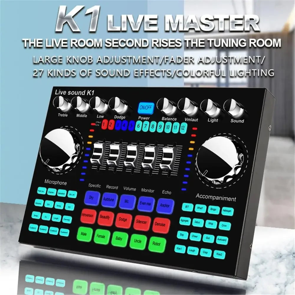 K1 Professional Live Sound Card Audio Mixer DJ Equipment Sound Card Effects Processors for Music Karaoke Recorder Live Broadcast