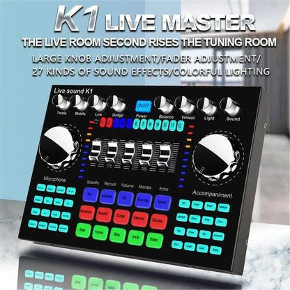 K1 Professional Live Sound Card Audio Mixer DJ Equipment Sound Card Effects Processors for Music Karaoke Recorder Live Broadcast