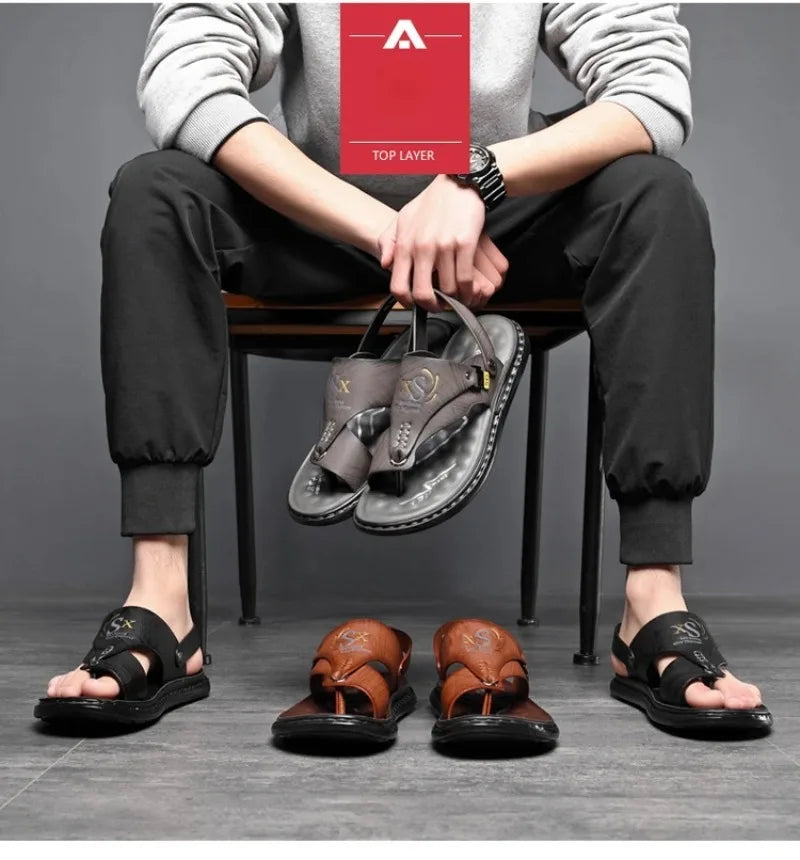 Sandals for Men High Quality Cow Leather Sandals Outdoor Casual Sport Sandals Anti Slip Beach Slippers for Men Summer Slippers