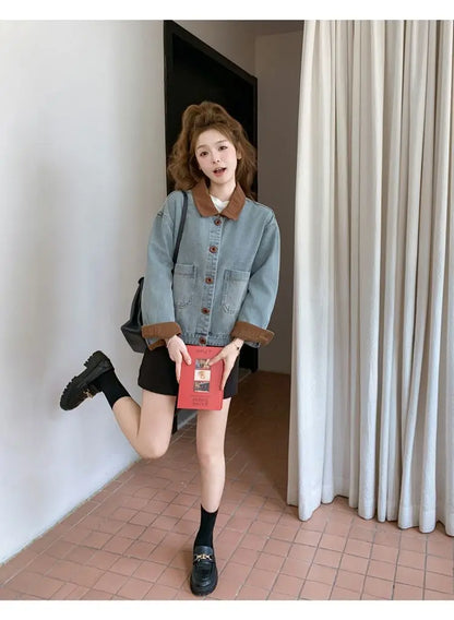 Women Clothing Autumn Fashion Korean Button Color Blocking Polo Collar Female All-match Fashionable Pocket Appear Thin Cardigan