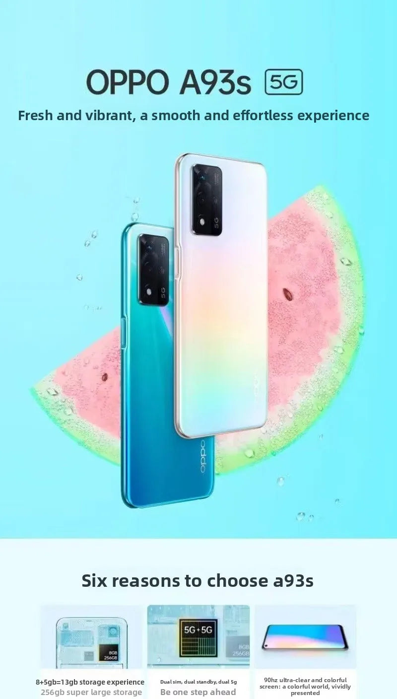OPPO A93s Unlocked 5G Mobile Phone Dimensity 810 48MP AI Camera 5000mAh Battery 33W Fast Charge Android 11 Smartphone