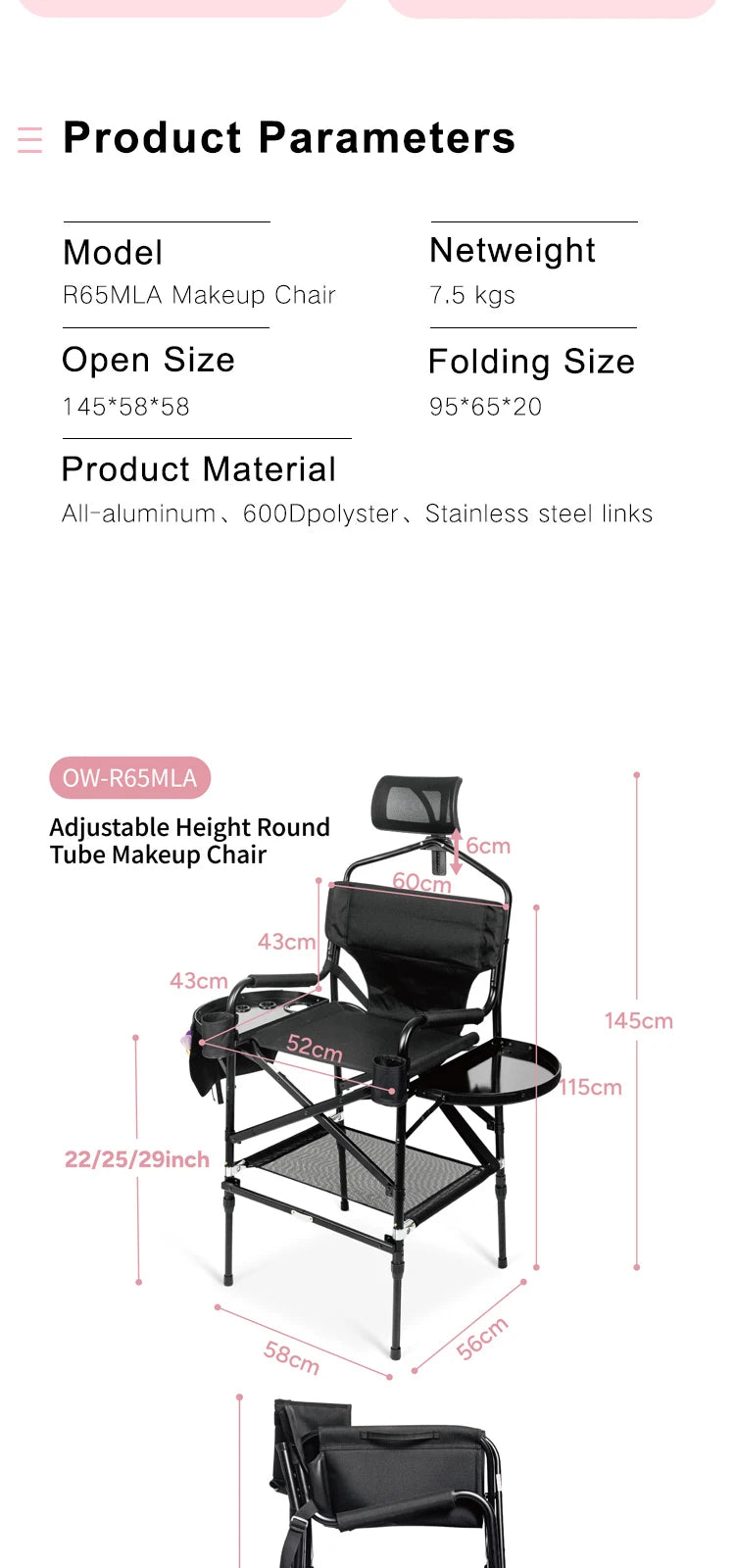 Simpleme Lightweight Aluminum Portable Folding Tall Director Adjustable High Makeup Artist Chair With Headrest