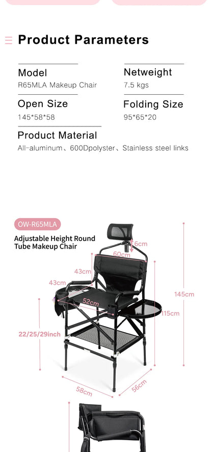Simpleme Lightweight Aluminum Portable Folding Tall Director Adjustable High Makeup Artist Chair With Headrest