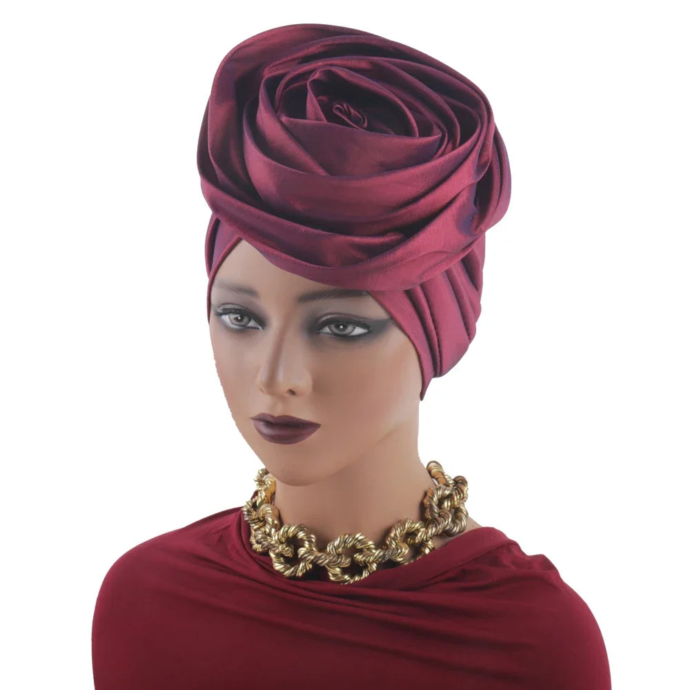 Raw Silk Big Rose Flower African Turban Caps for Women Headwear Head Wraps Nigerian Wedding Geles Party Headgear Bonnet