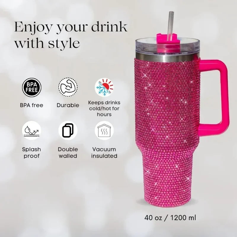 40oz Rhinestone Tumbler Stainless Steel Straw Women Cup Shiny Diamond Travel Car Thermoses Coffee Mug Water Bottle Drinkware