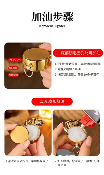 New Retro Round Kero sene Lighter Creative Metal Windproof Flame Lighter Gold and Silver Oil Lighter Smoking Accessories Tool