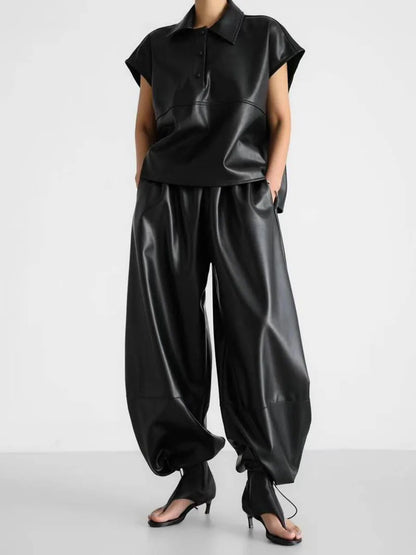 Autumn Women Pu Leather Elastic Waistband Lantern Pants Lady Casual Loose Shiny PU Trousers Trend Fashion Street Long Pants 2025